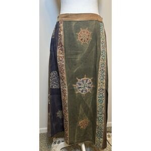 VTG Long Boho Cotton Skirt Khaki/Gold/Rust Elastic Waist  Womens 8/10
